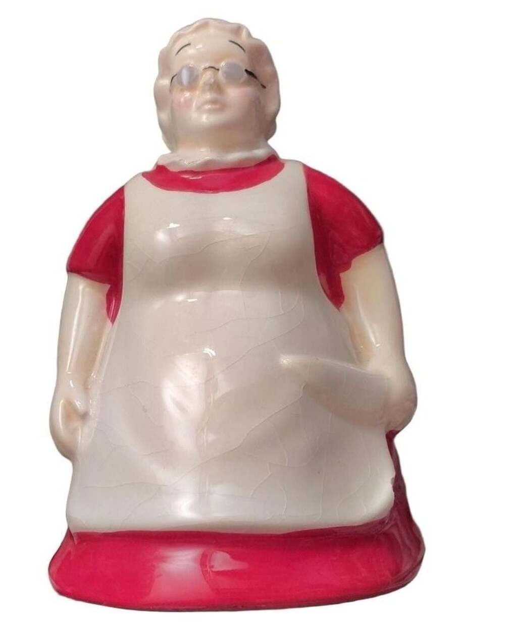 Rare Ceramic Woman Figurine Piggy Bank Red Dress White Apron Mrs Claus or Muriel
